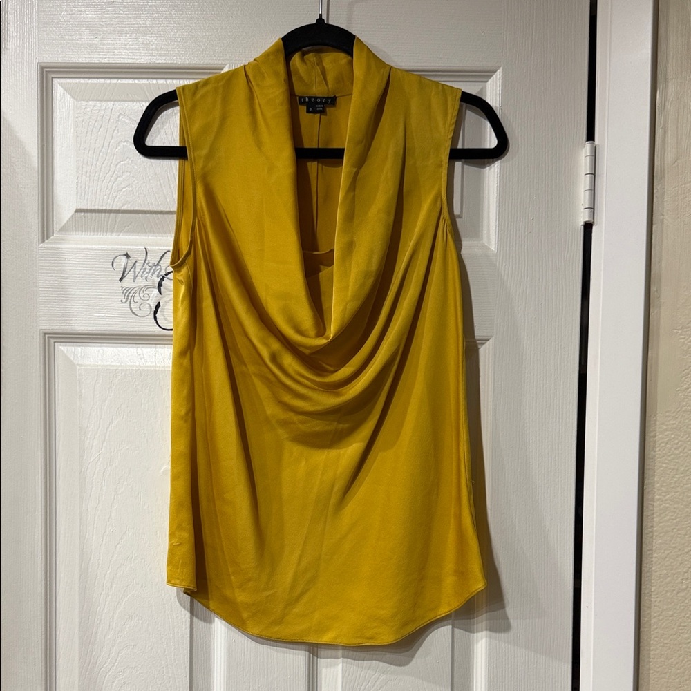 Theory Yellow Draped Cowl Neck Top